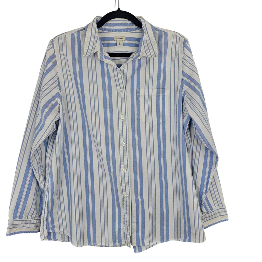 LL Bean Womens Blue White Striped Organic Cotton Button Down Shirt Large 510156